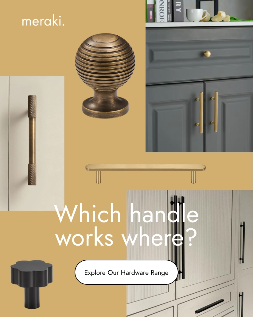 Graphic image with multiple brass handle styles overlaid ontop of 3 different lifestyle shots of handles installed on cabinet doors.